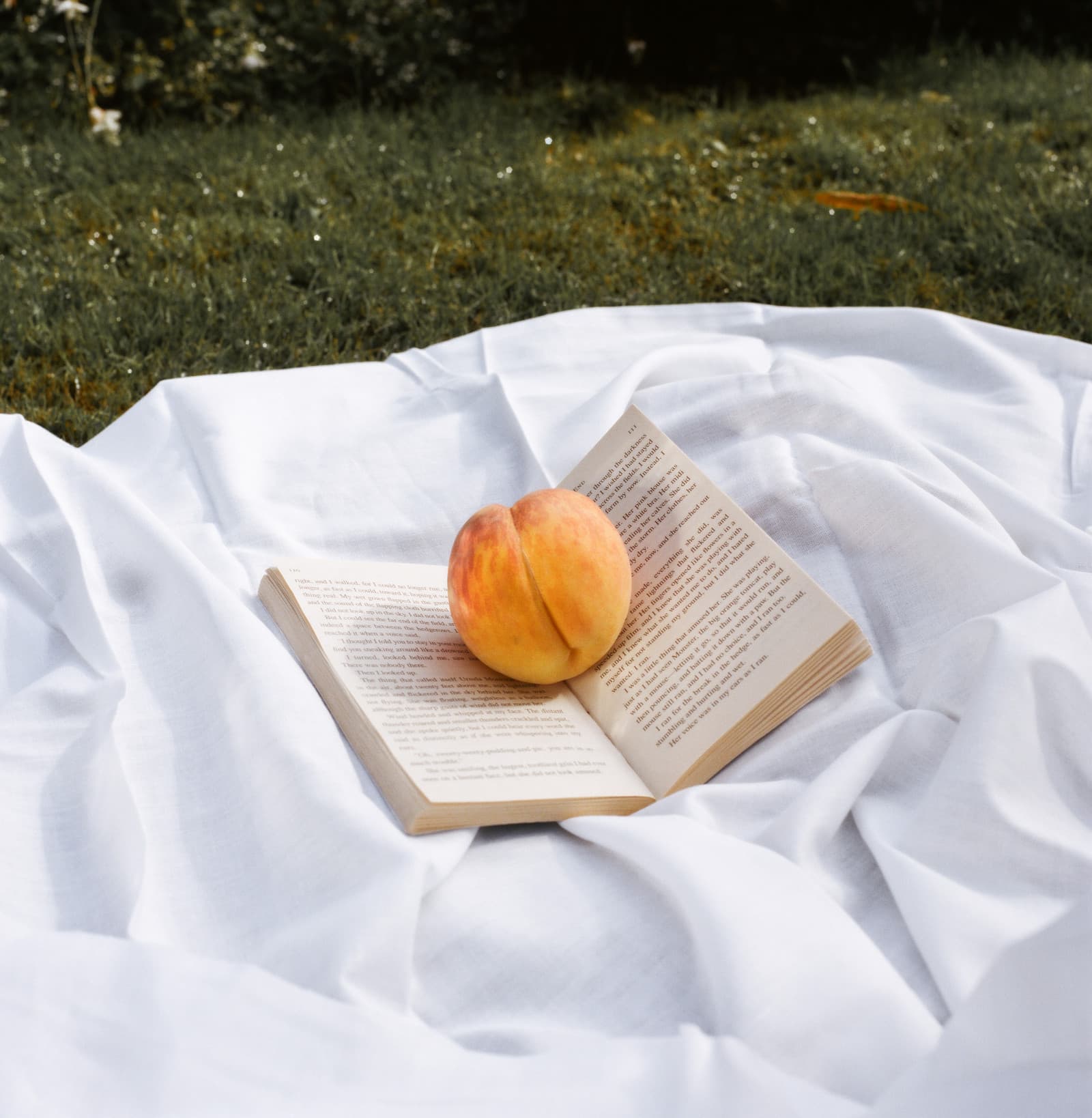 A ripe peach resting on an open book spread on a white cloth